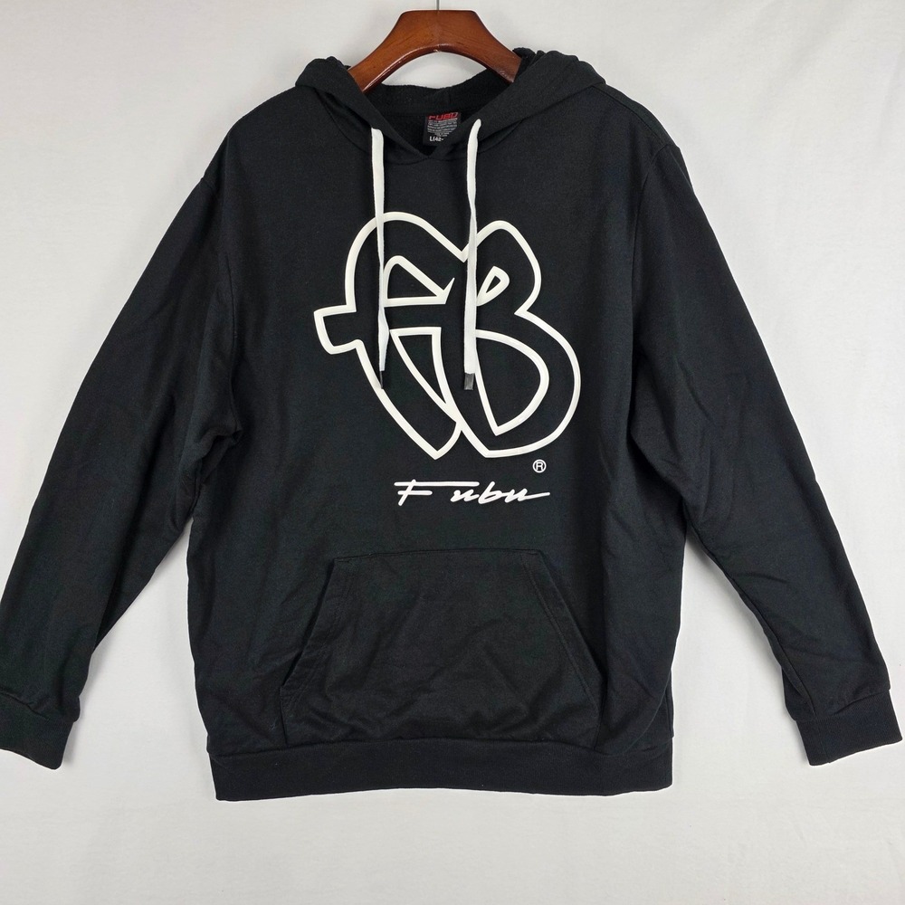 FUBU Mens Hoodie Black White Logo Graphic Fleece‎ Sweatshirt Large L 42-44